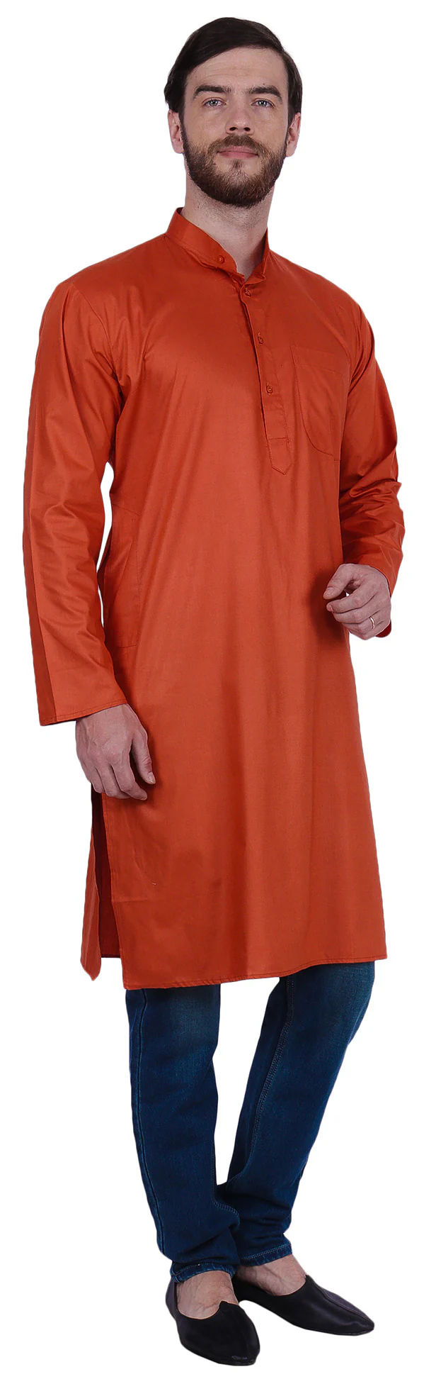 Elegant Cotton Men's Long Kurta India Clothing (Orange) - Image 2
