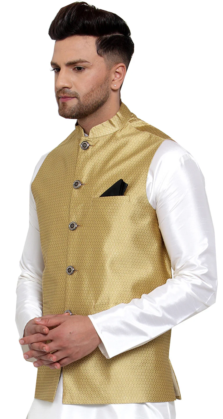 Elegant Gold Poly Silk Nehru Jacket for Men - Stylish Nayroo Jacket - Image 2