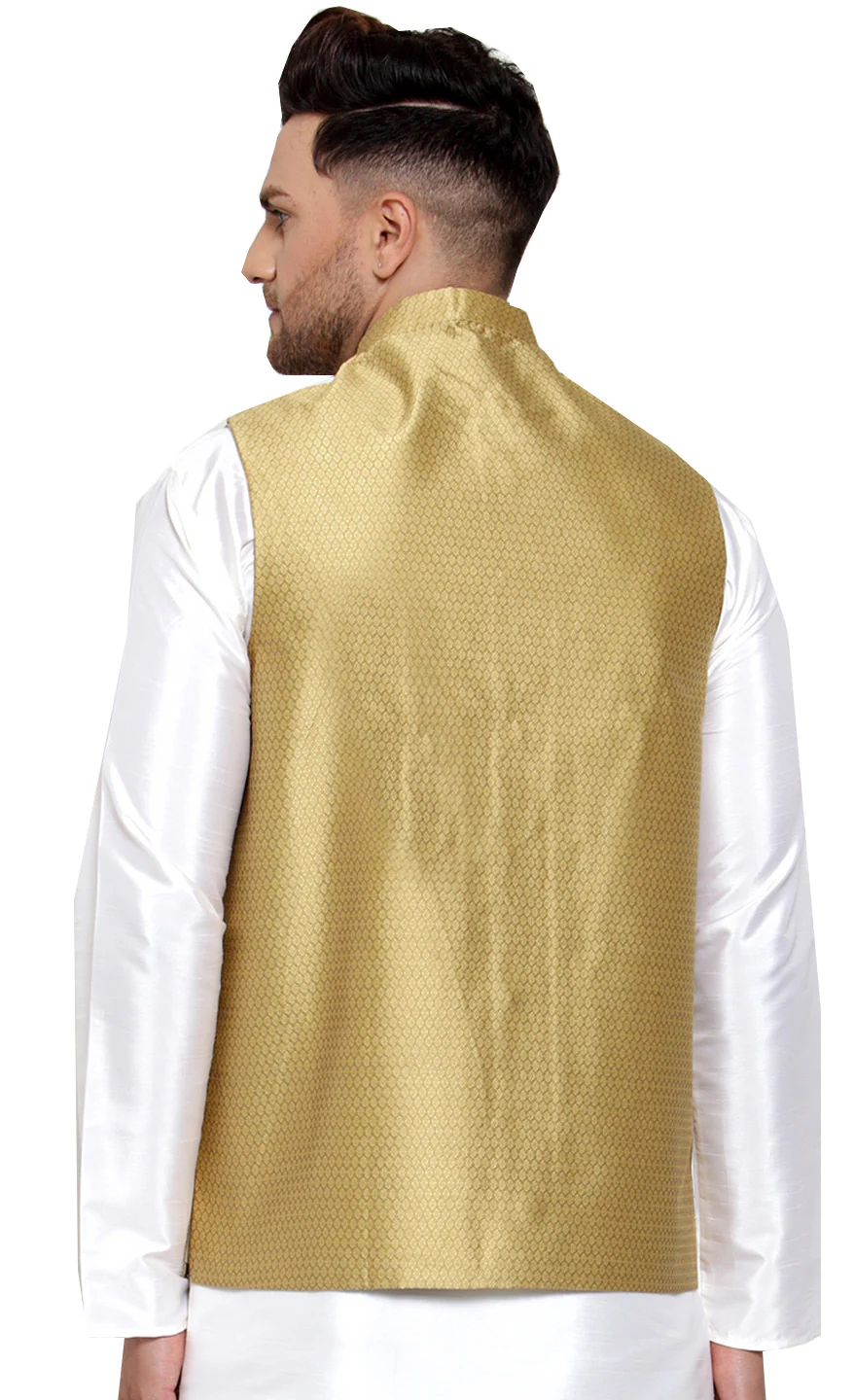Elegant Gold Poly Silk Nehru Jacket for Men - Stylish Nayroo Jacket - Image 3