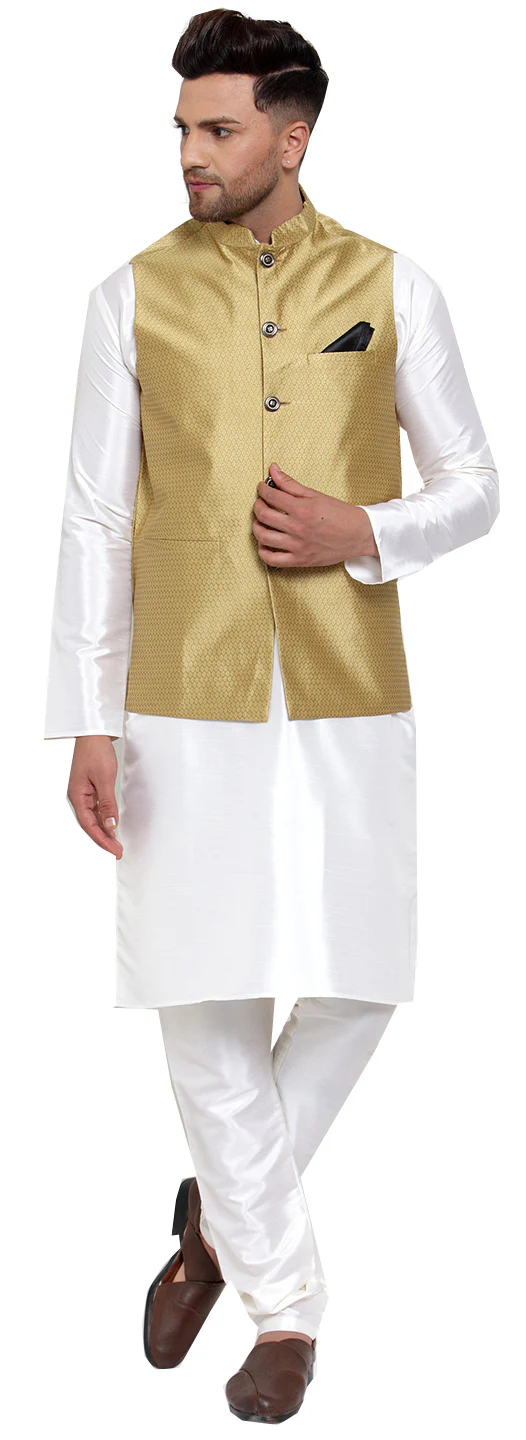 Elegant Gold Poly Silk Nehru Jacket for Men - Stylish Nayroo Jacket - Image 4
