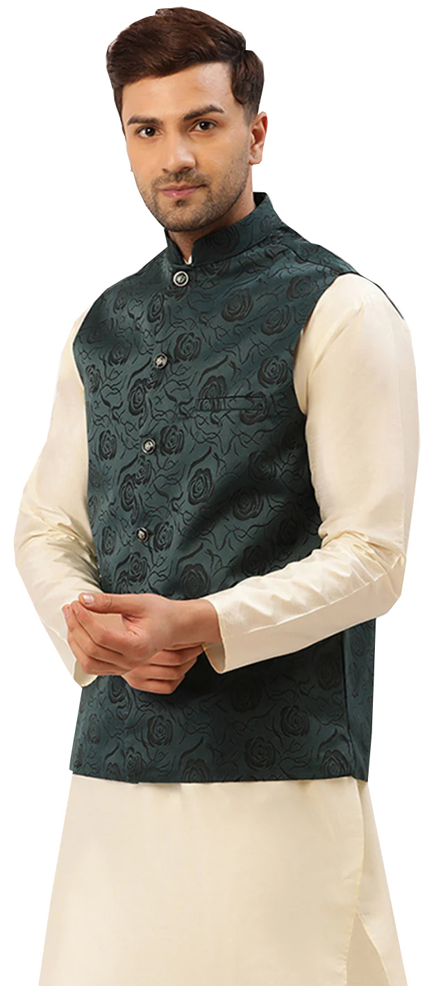 Elegant Jawahar Coat for Men with Mandarin Collar - Floral Design (Green) - Image 2