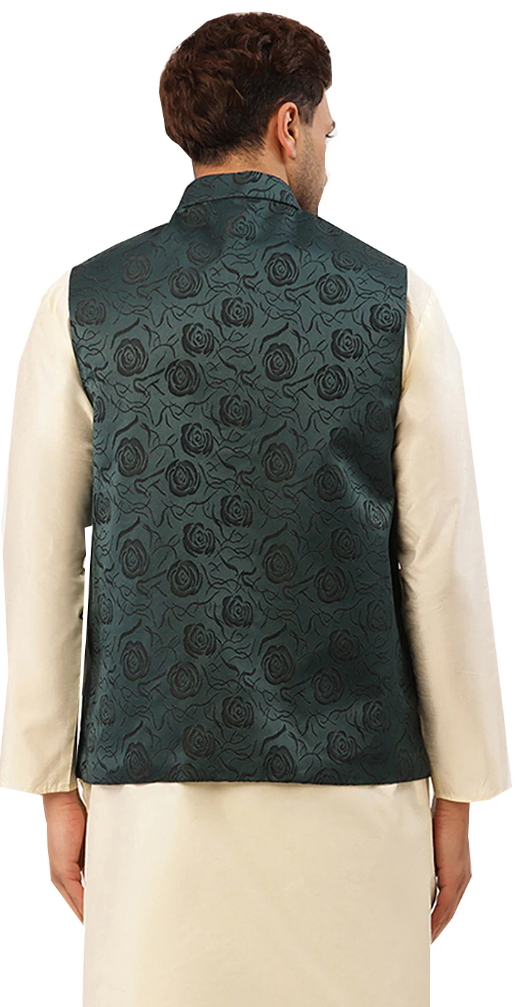 Elegant Jawahar Coat for Men with Mandarin Collar - Floral Design (Green) - Image 4