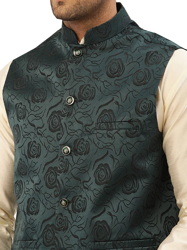 Elegant Jawahar Coat for Men with Mandarin Collar - Floral Design (Green) - Image 5