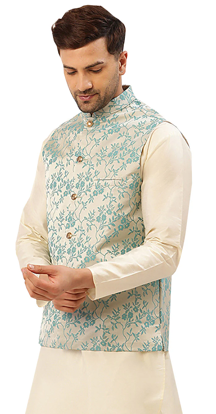 Elegant Nehru Vest for Men with Mandarin Collar - Floral Design (Cream Turquoise) - Image 2