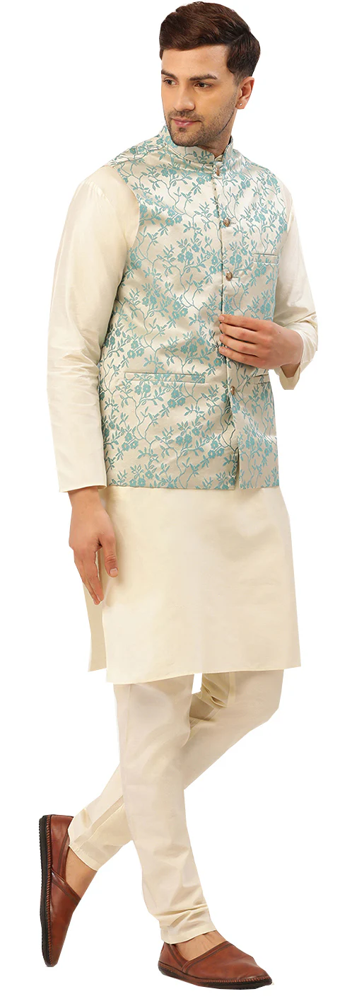 Elegant Nehru Vest for Men with Mandarin Collar - Floral Design (Cream Turquoise) - Image 3