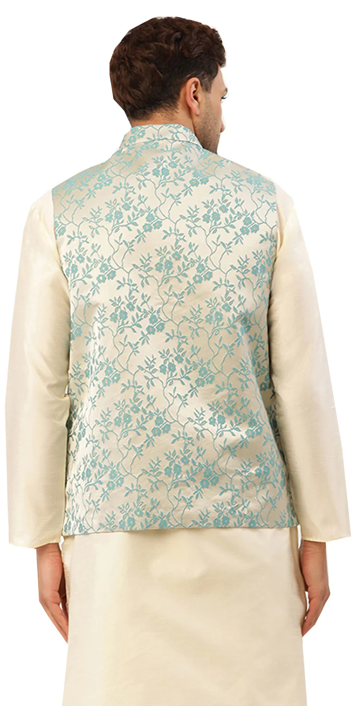 Elegant Nehru Vest for Men with Mandarin Collar - Floral Design (Cream Turquoise) - Image 4