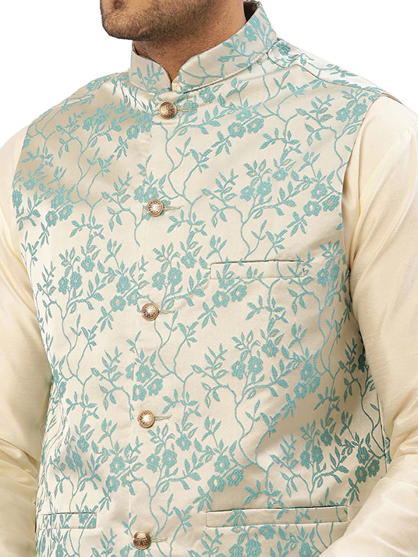 Elegant Nehru Vest for Men with Mandarin Collar - Floral Design (Cream Turquoise) - Image 5