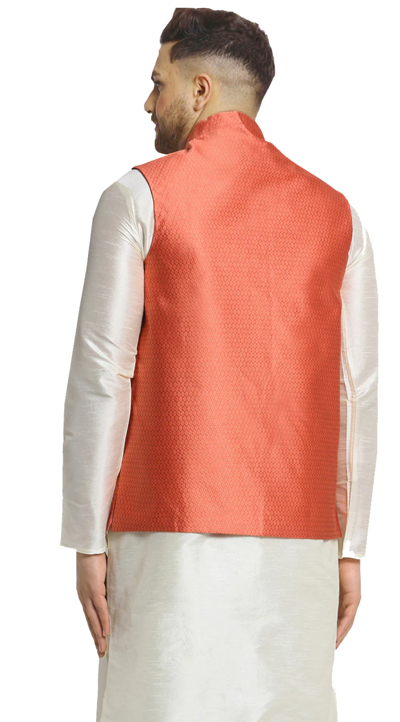 Sleeveless Men's Indian Traditional Nehru Jacket Silk (Peach) - Image 3