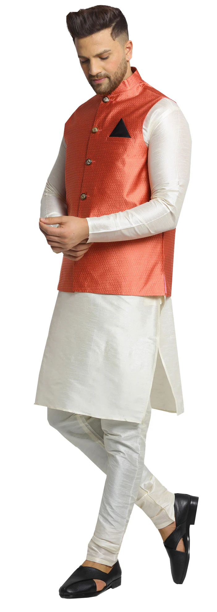 Sleeveless Men's Indian Traditional Nehru Jacket Silk (Peach) - Image 4