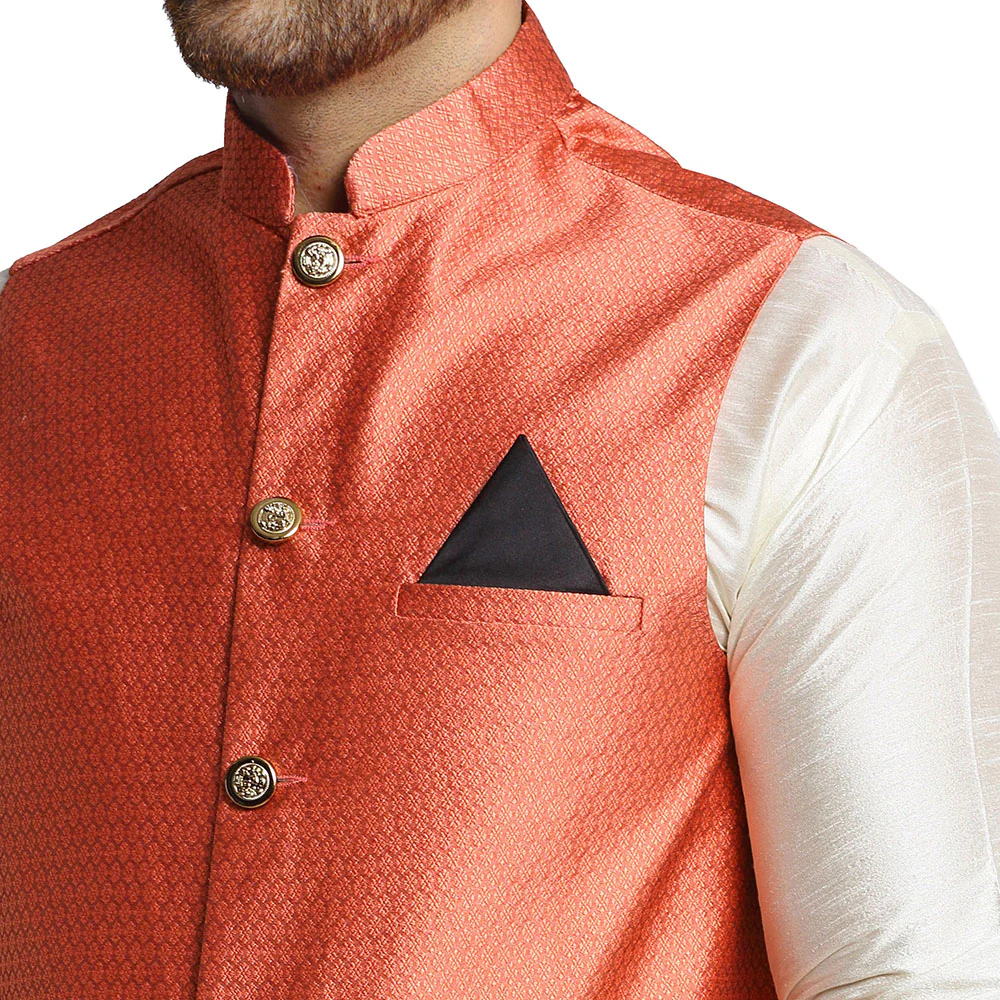 Sleeveless Men's Indian Traditional Nehru Jacket Silk (Peach) - Image 5