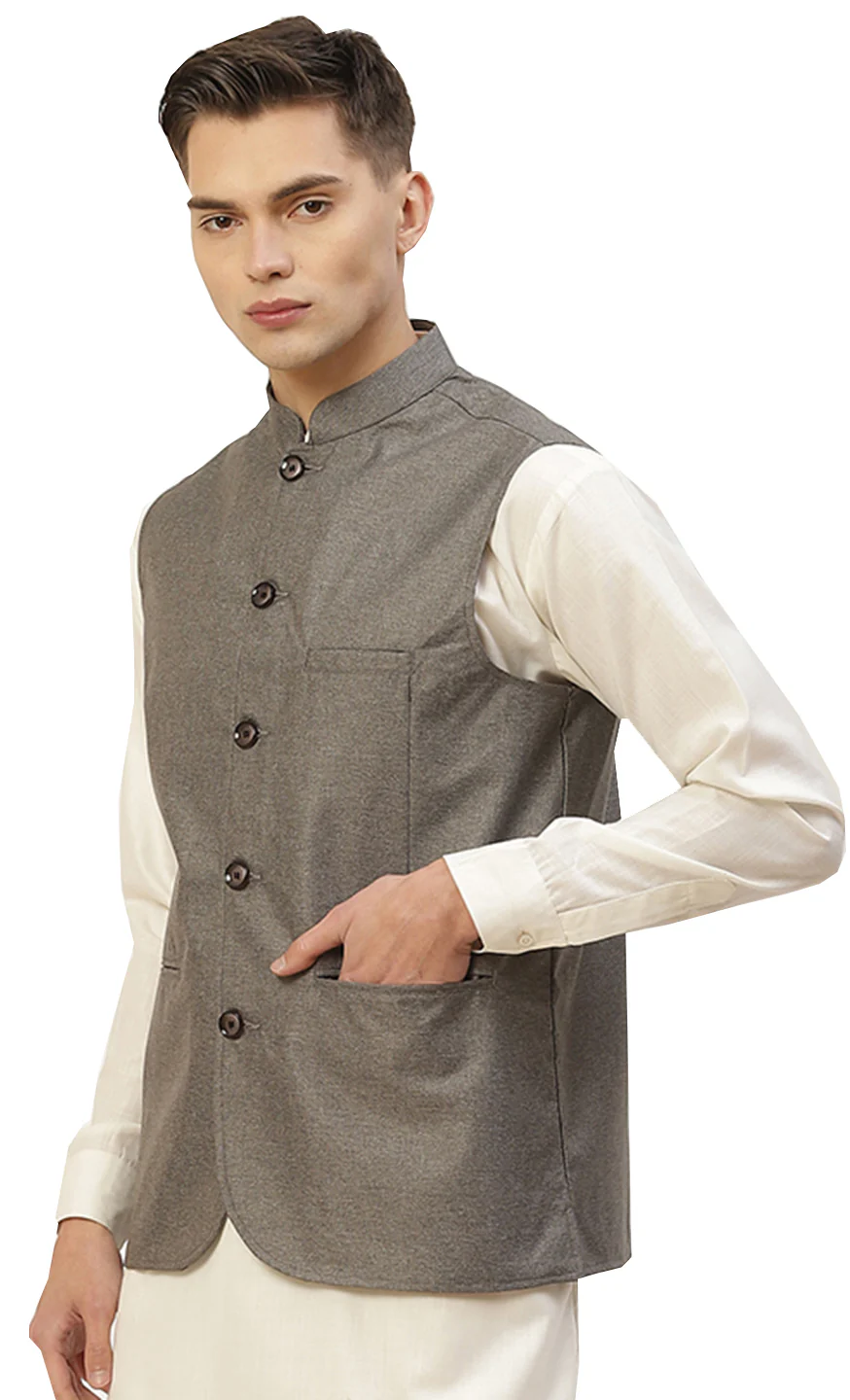 Elegant Solid Color Indian Nehru Jacket for Men in Premium Cotton (Charcoal Grey) - Image 2