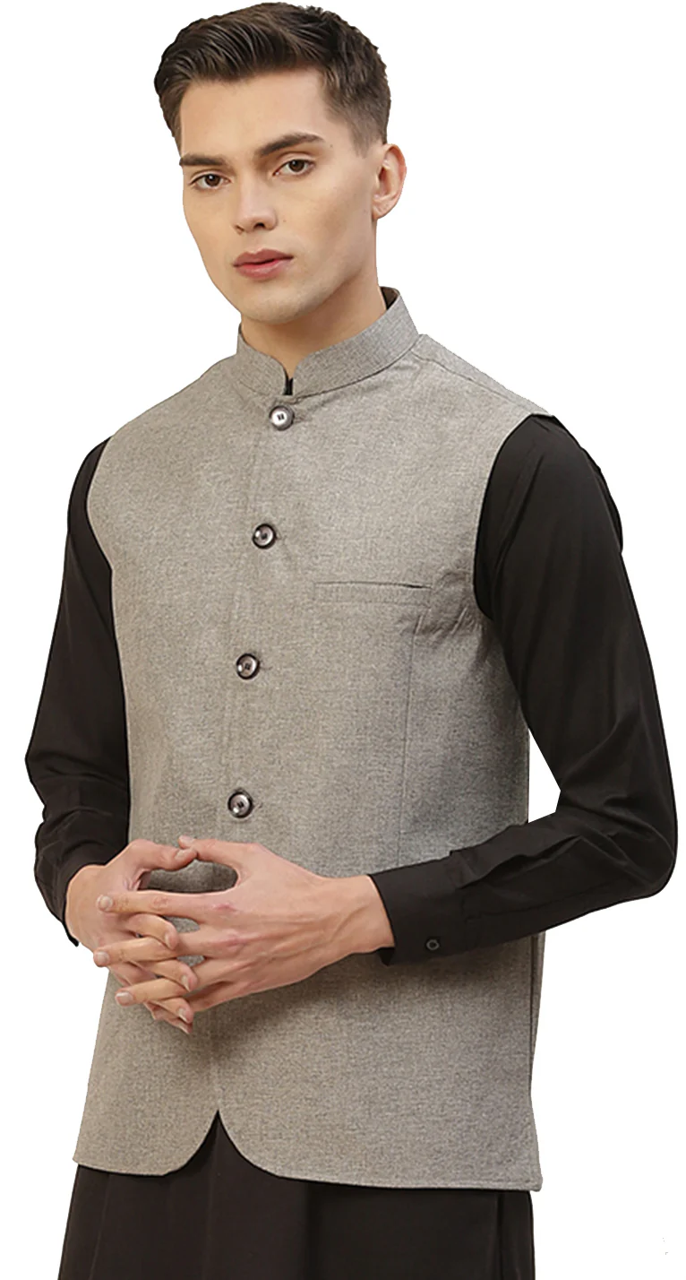 Elegant Solid Color Modi Jacket for Men in Cotton (Grey) - Image 2