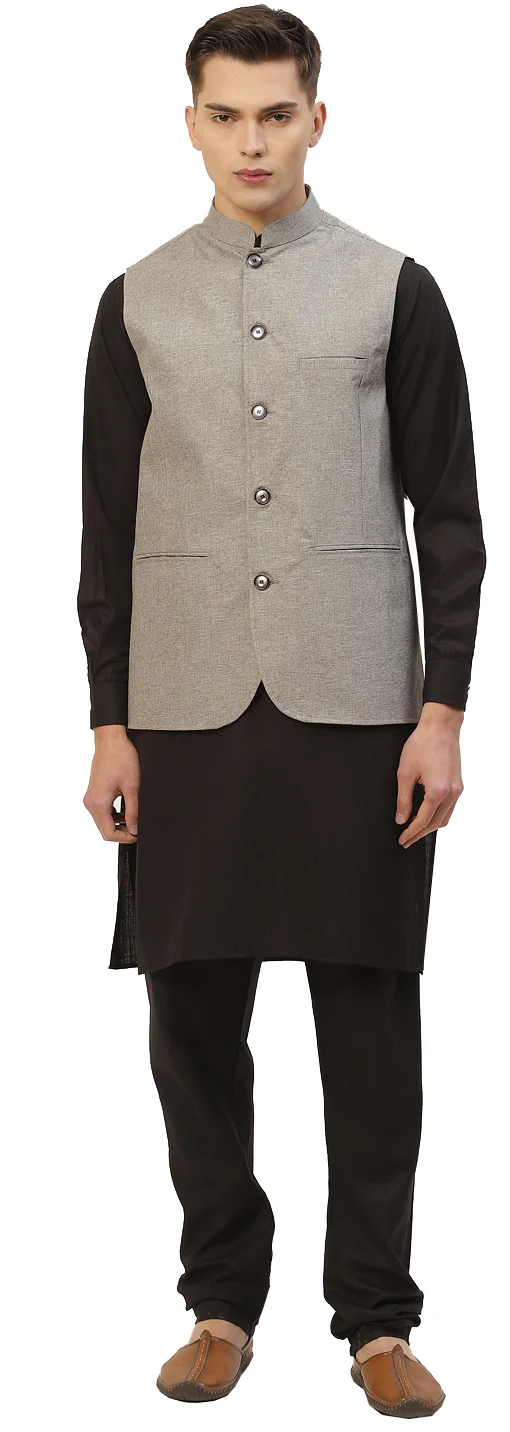 Elegant Solid Color Modi Jacket for Men in Cotton (Grey) - Image 3