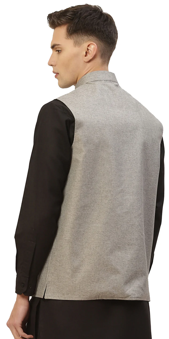Elegant Solid Color Modi Jacket for Men in Cotton (Grey) - Image 4