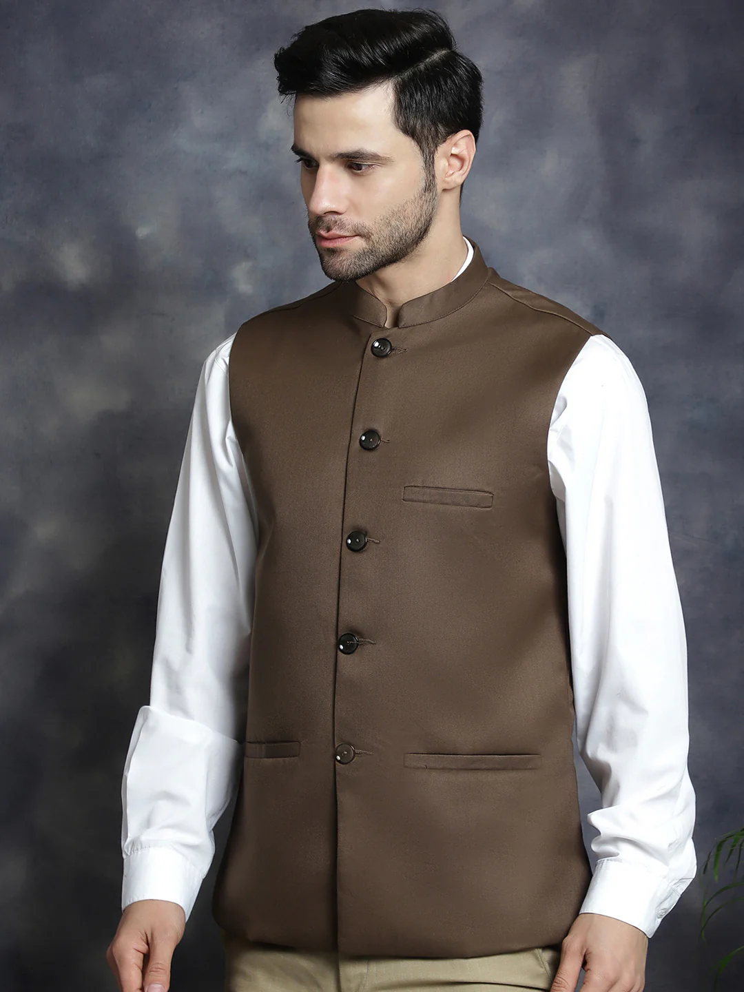 Elegant Solid Color Indian Waistcoat for Men (Brown) - Image 4