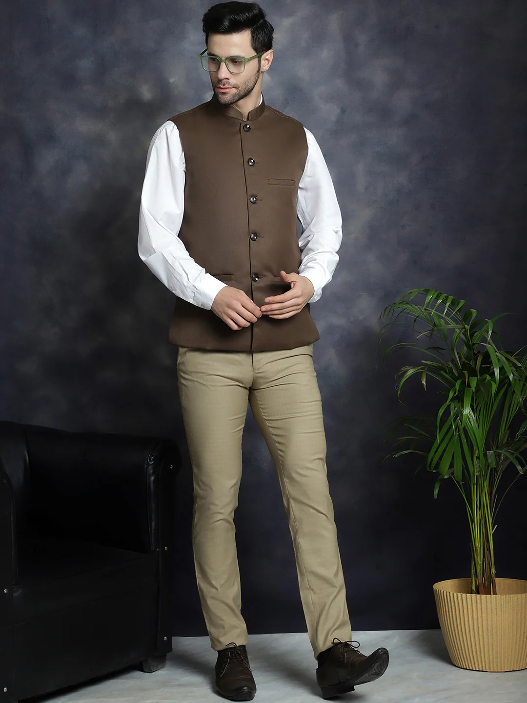 Elegant Solid Color Indian Waistcoat for Men (Brown) - Image 5