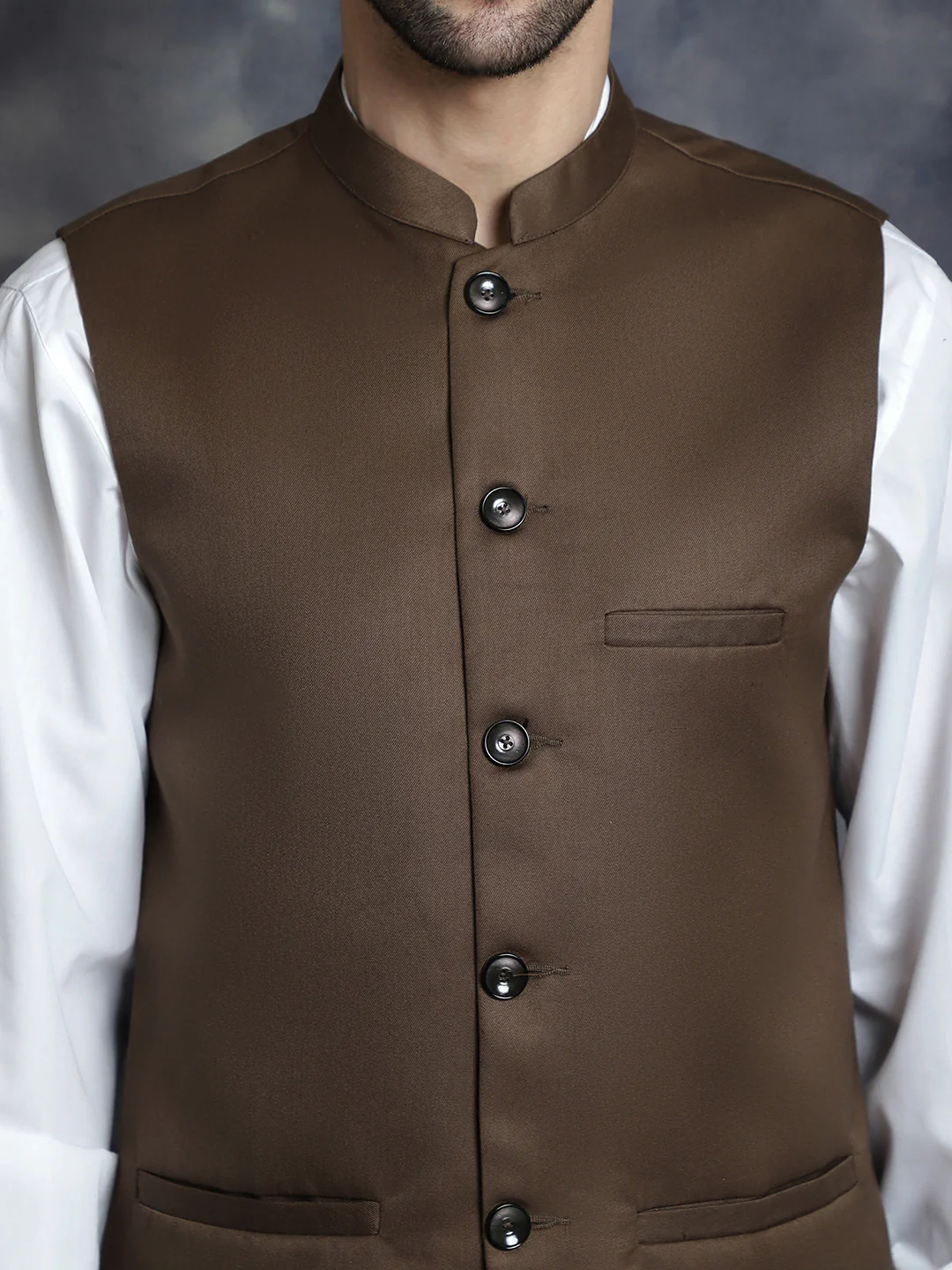 Elegant Solid Color Indian Waistcoat for Men (Brown) - Image 6