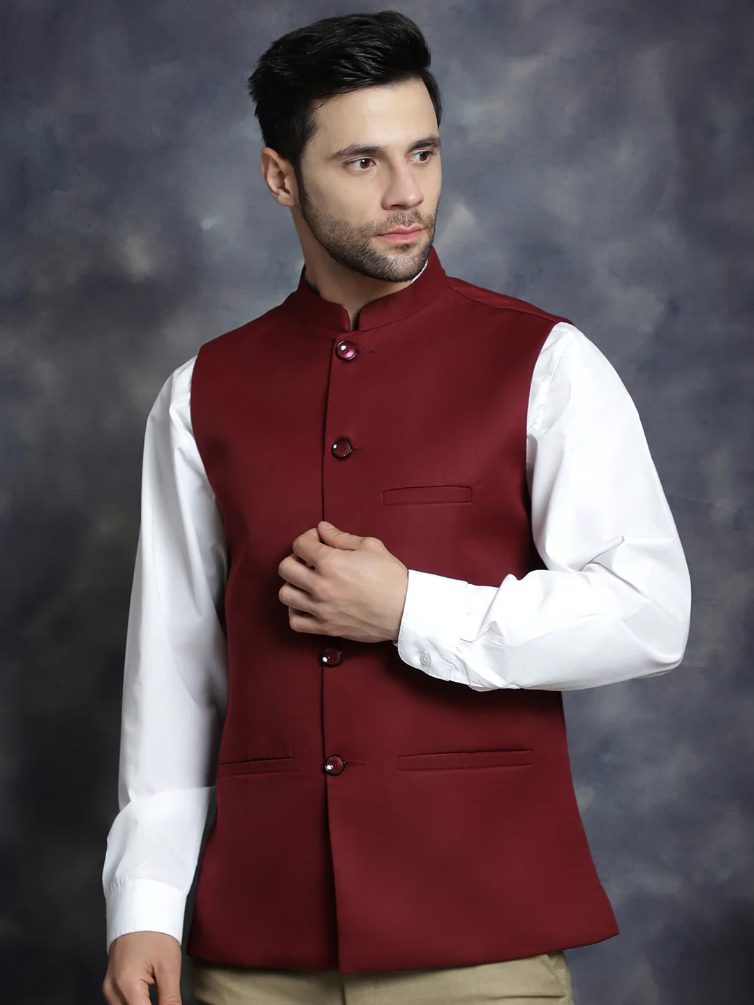 Indian Waistcoat for Men Solid Color (Maroon) - Image 4