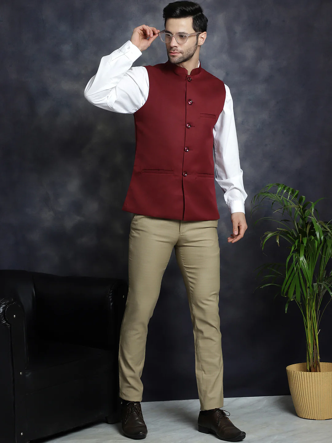 Indian Waistcoat for Men Solid Color (Maroon) - Image 5