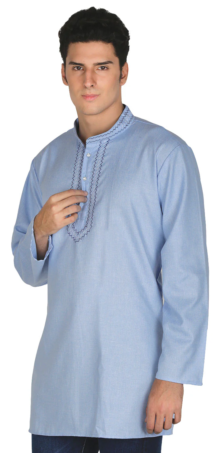 Embroidered Cotton Dress Mens Short Kurta Shirt India Clothing (Sky Blue) - Image 2