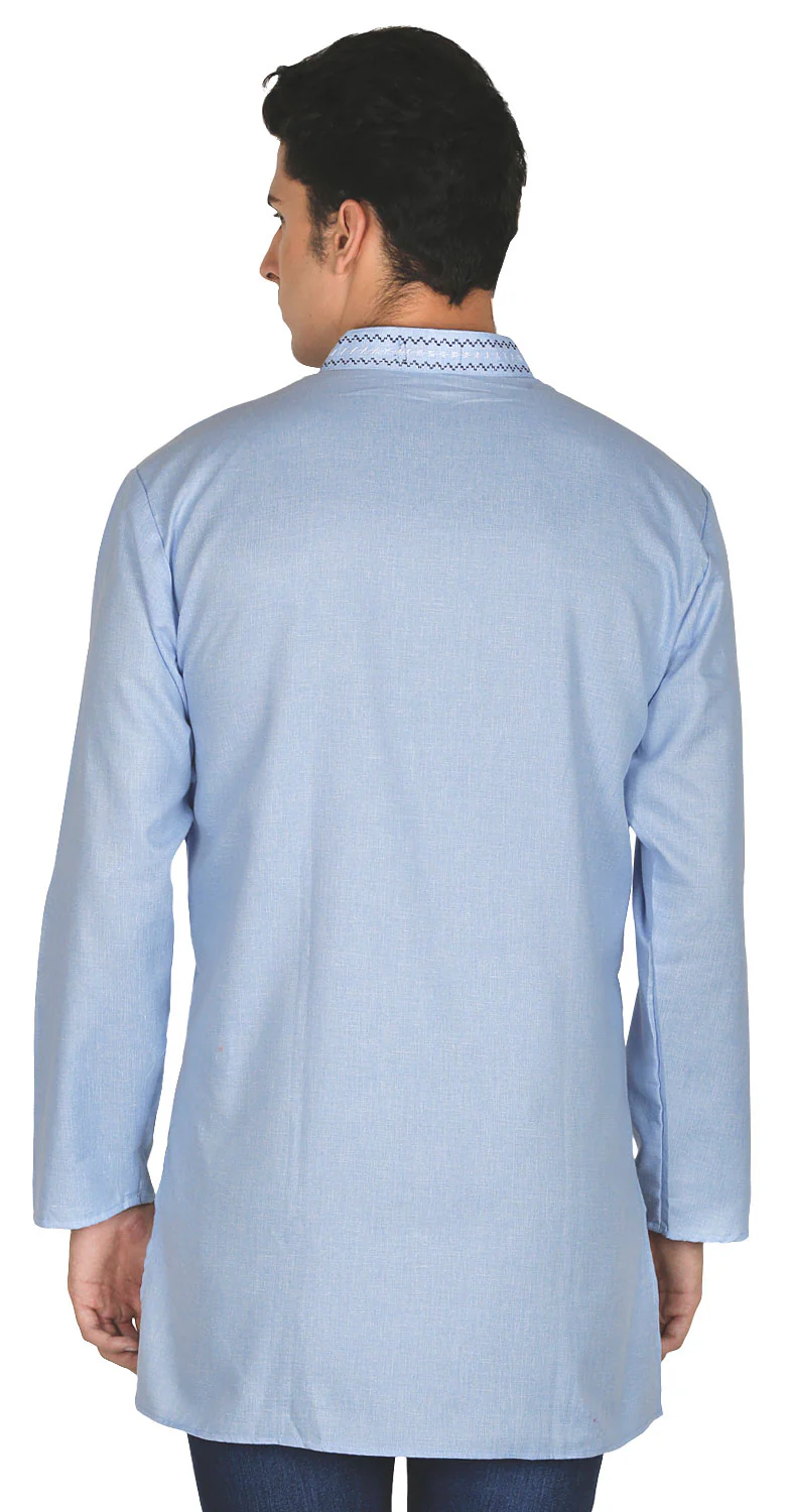 Embroidered Cotton Dress Mens Short Kurta Shirt India Clothing (Sky Blue) - Image 3
