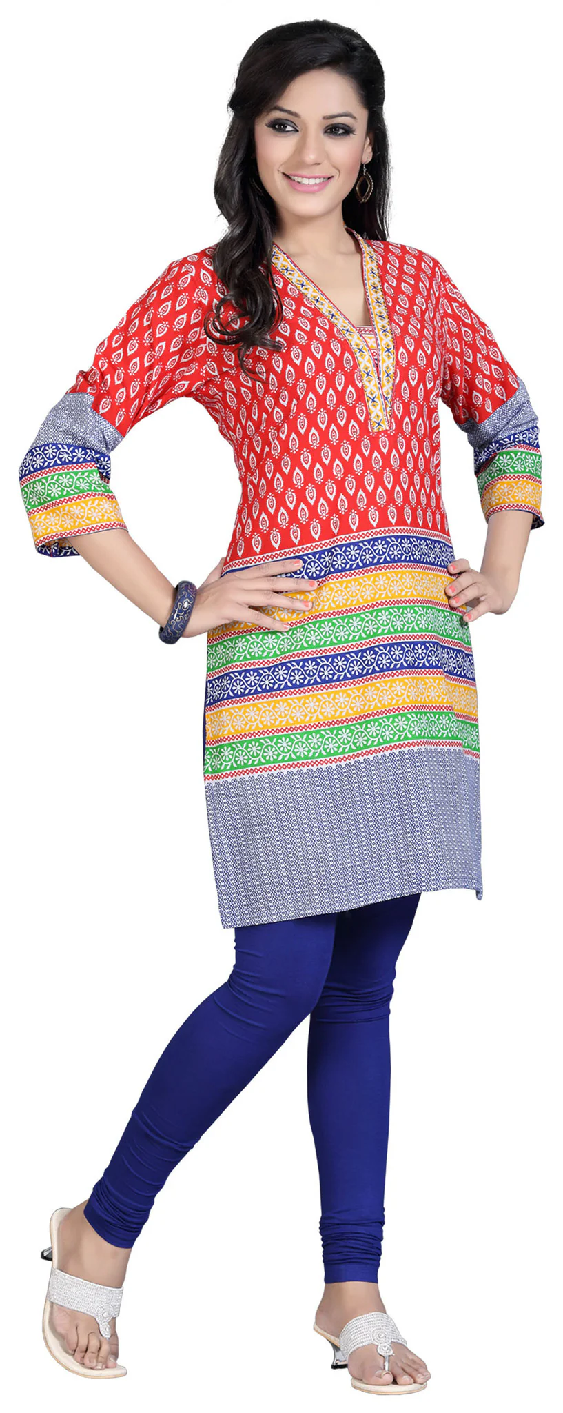 Embroidered Cotton Kurti Top Long Tunic Womens India Clothing (Red) - Image 3