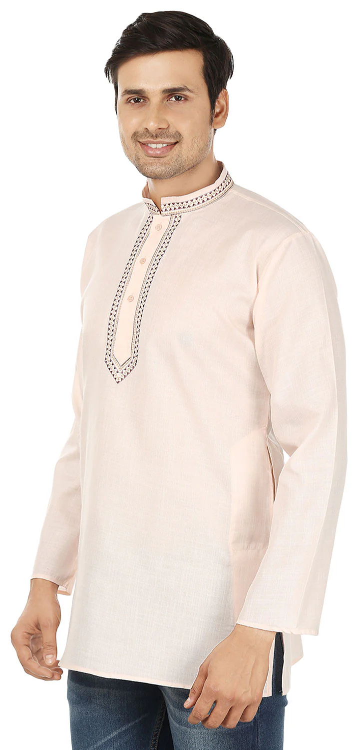Embroidered Cotton Mens Short Kurta Shirt Indian Clothes (Beige) - Image 2