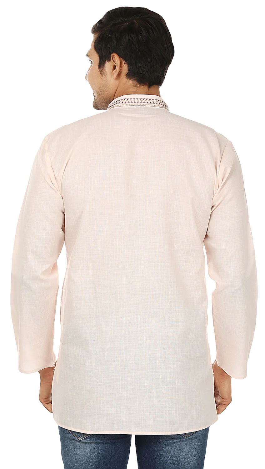 Embroidered Cotton Mens Short Kurta Shirt Indian Clothes (Beige) - Image 3