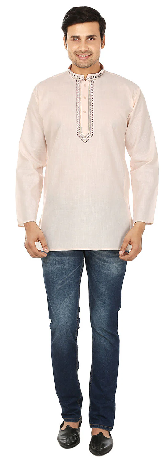 Embroidered Cotton Mens Short Kurta Shirt Indian Clothes (Beige) - Image 4