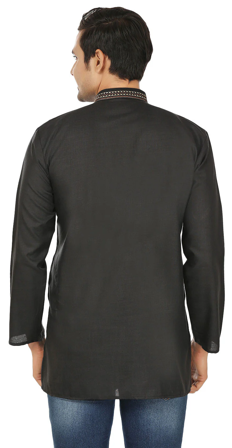Embroidered Cotton Mens Short Kurta Shirt Indian Clothes (Black) - Image 3