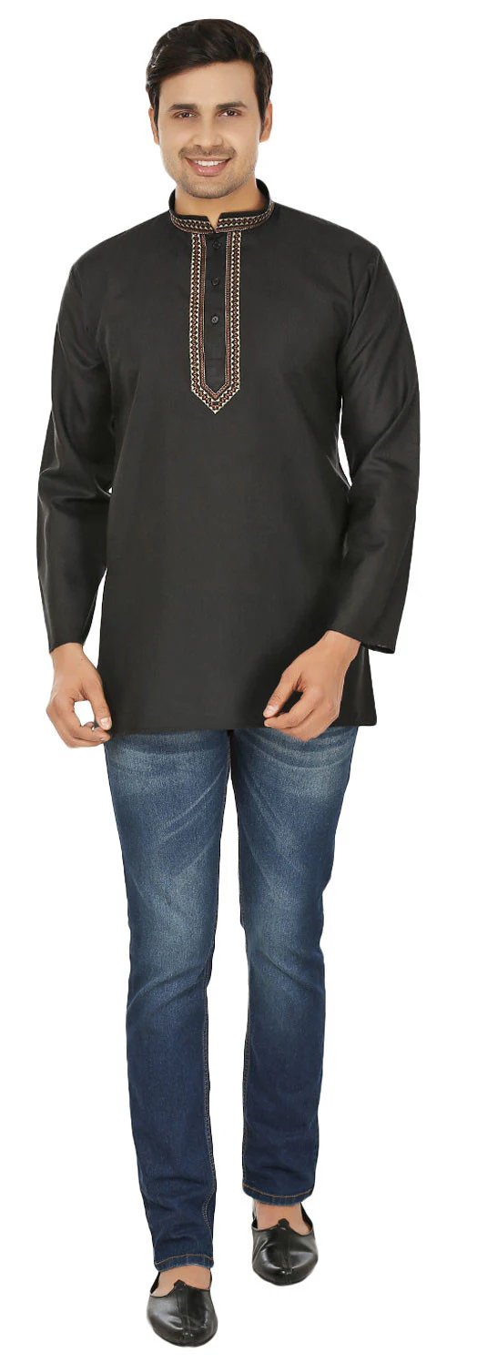 Embroidered Cotton Mens Short Kurta Shirt Indian Clothes (Black) - Image 4