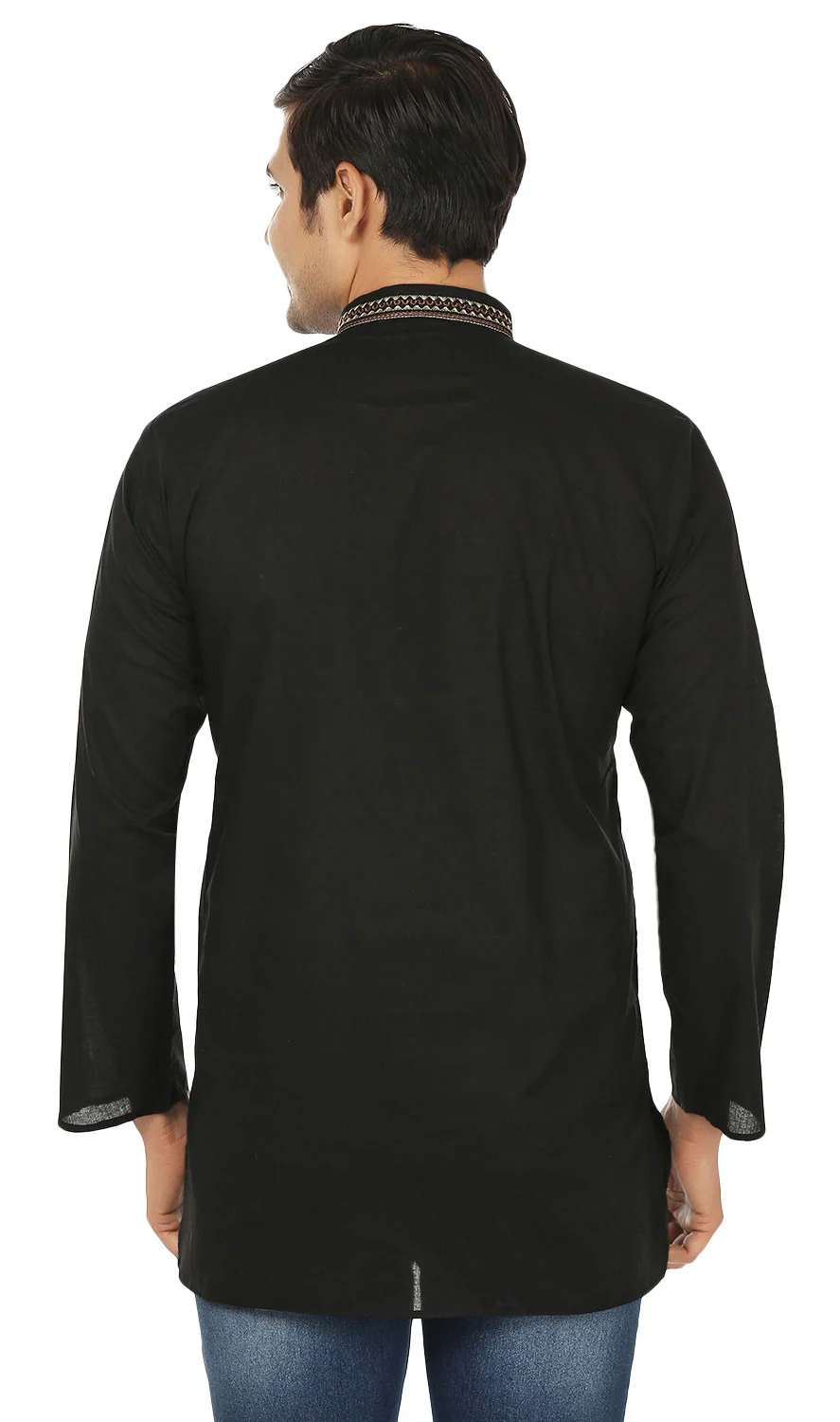 Embroidered Cotton Men's Short Kurta Shirt India Clothes (Black) - Image 3