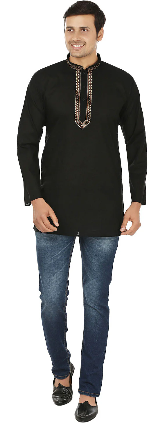 Embroidered Cotton Men's Short Kurta Shirt India Clothes (Black) - Image 4
