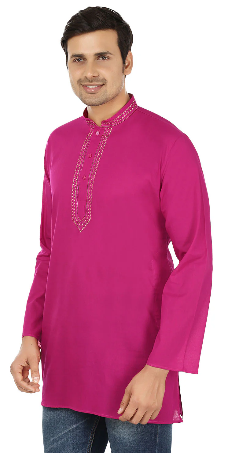 Embroidered Cotton Men's Short Kurta Shirt Indian Clothes (Magenta) - Image 2