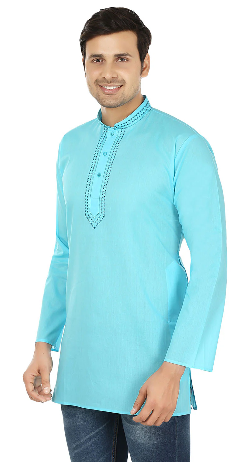 Embroidered Cotton Men's Short Kurta Shirt Indian Clothes (Sky Blue) - Image 2