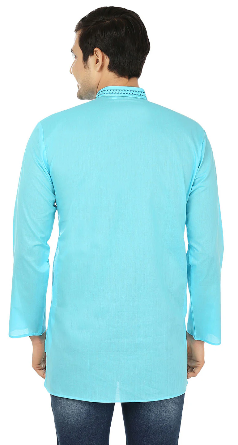 Embroidered Cotton Men's Short Kurta Shirt Indian Clothes (Sky Blue) - Image 3