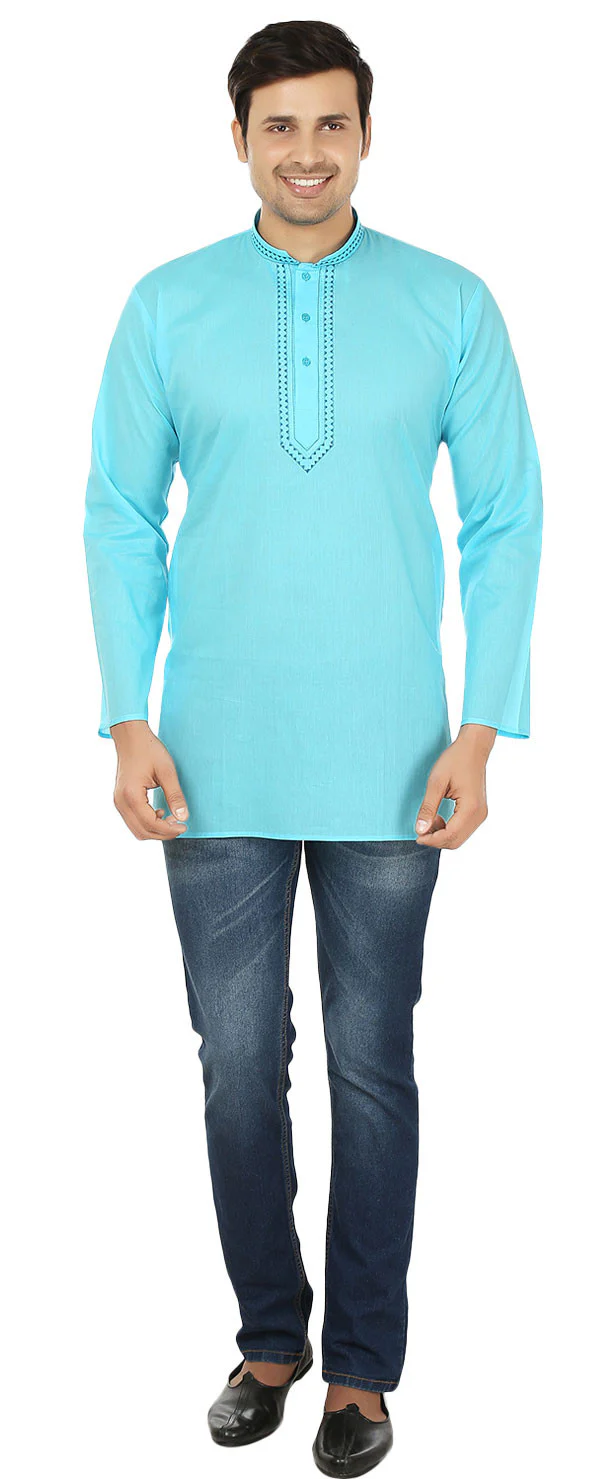 Embroidered Cotton Men's Short Kurta Shirt Indian Clothes (Sky Blue) - Image 4