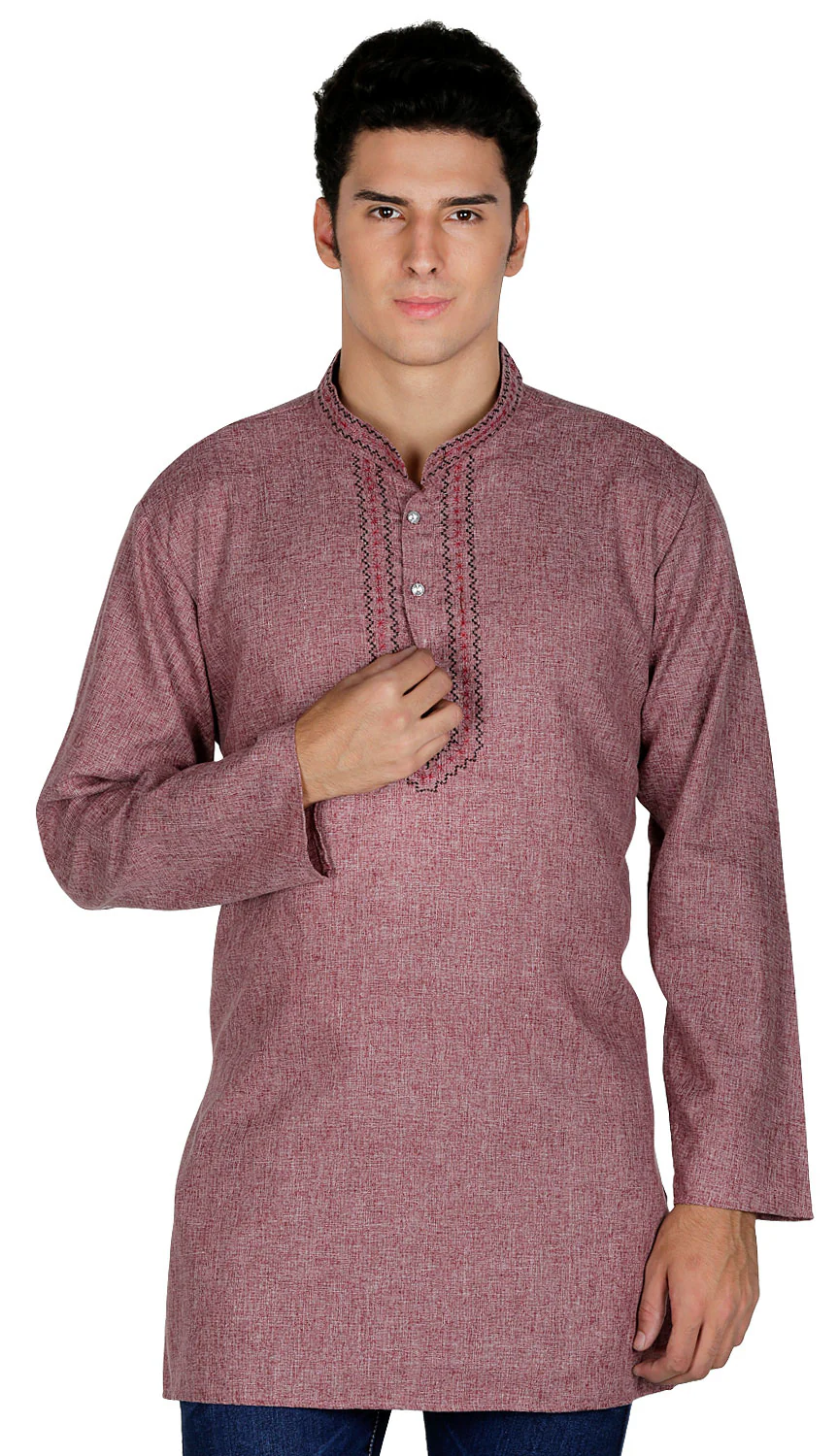 Embroidered Cotton Mens Short Kurta Shirt India Clothes (Maroon) - Image 2