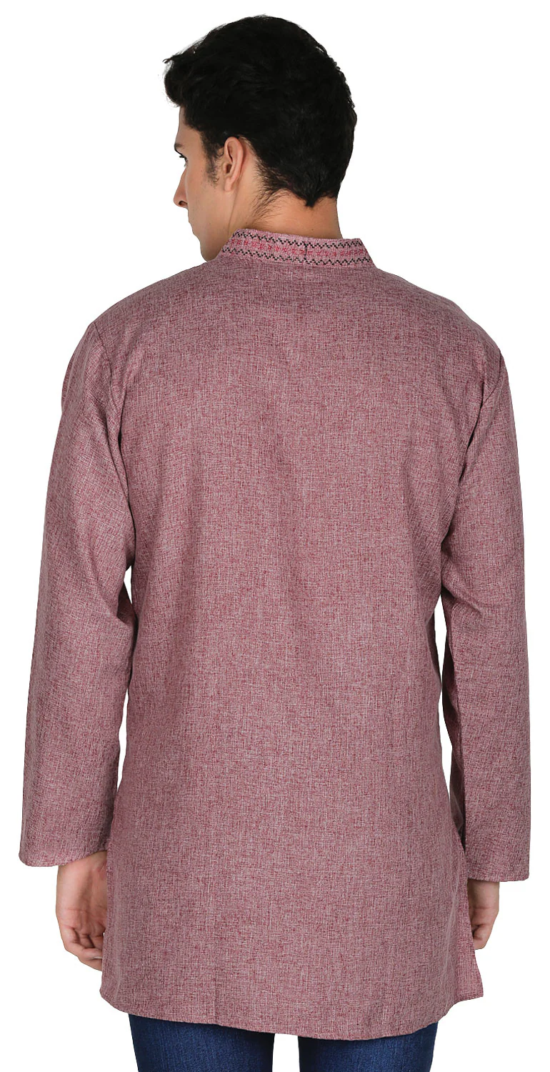 Embroidered Cotton Mens Short Kurta Shirt India Clothes (Maroon) - Image 3