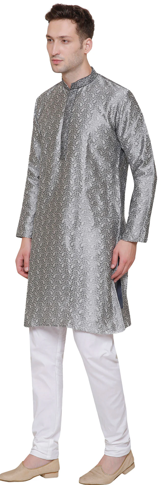 Embroidered Jacquard Silk Mens Kurta Pyjama Indian Clothing (Grey) - Image 2
