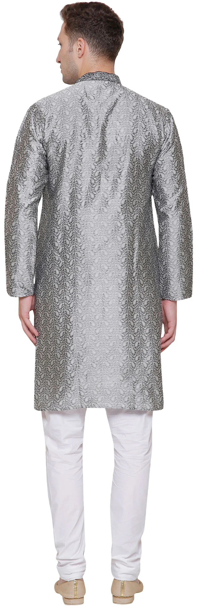 Embroidered Jacquard Silk Mens Kurta Pyjama Indian Clothing (Grey) - Image 3