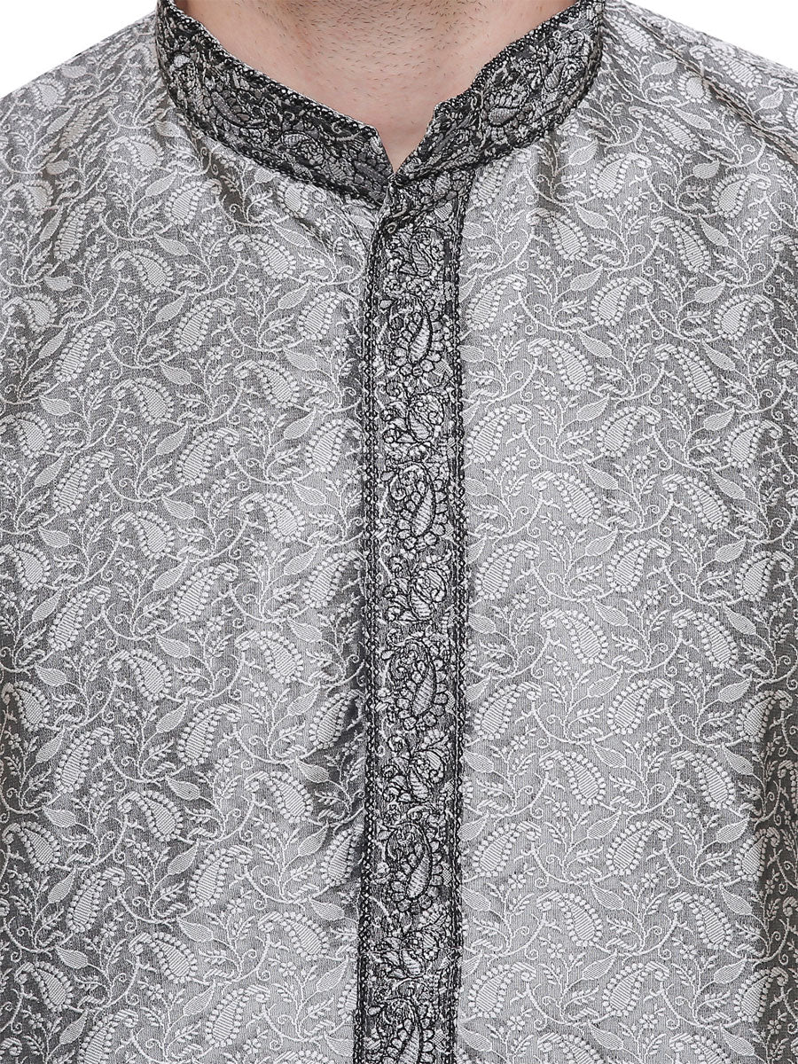 Embroidered Jacquard Silk Mens Kurta Pyjama Indian Clothing (Grey) - Image 4