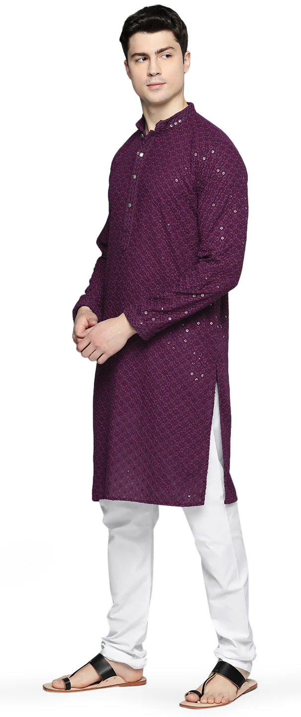 Embroidered Sequined Cotton Men's Kurta Pajama Evening India ( Purple) - Image 2