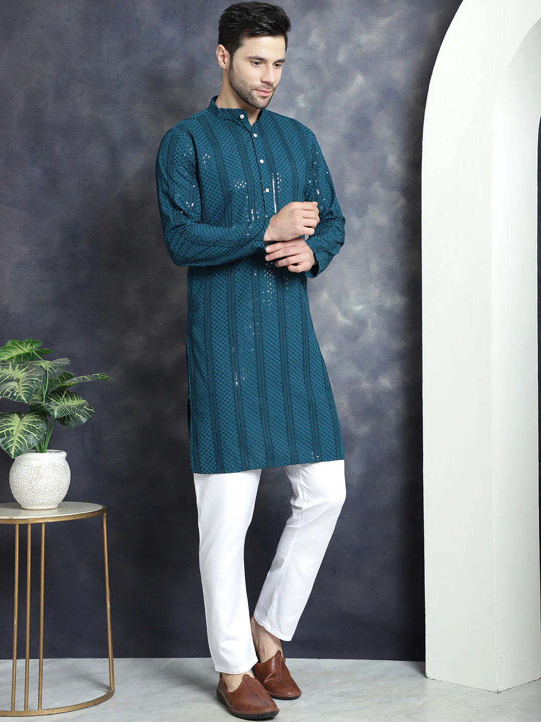 Embroidered Sequined Rayon Men's Kurta Pajama Evening India (Peacock Blue) - Image 2