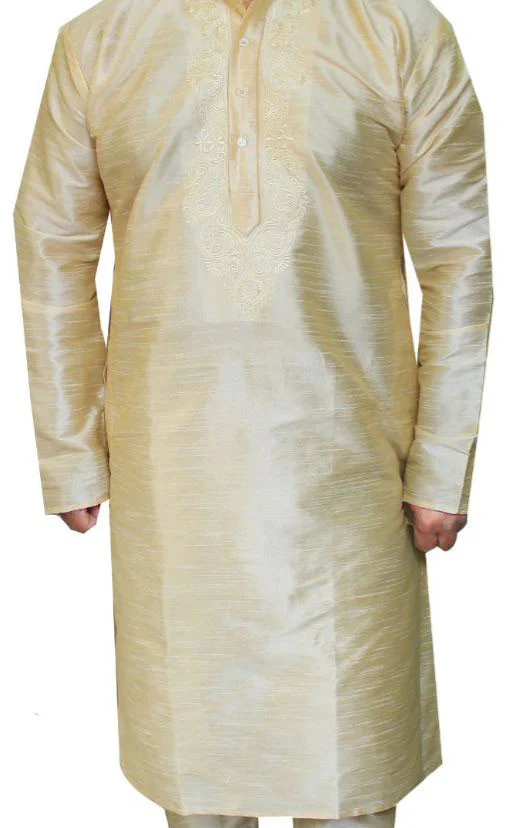Embroidered Silk Mens Kurta Pyjama Indian Clothes (Golden) - Image 3