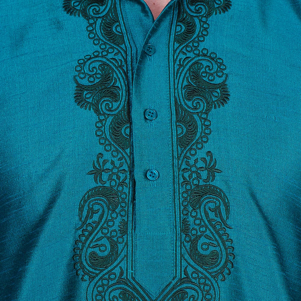 Embroidered Silk Mens Kurta Pyjama Indian Clothes (Turquoise) - Image 4