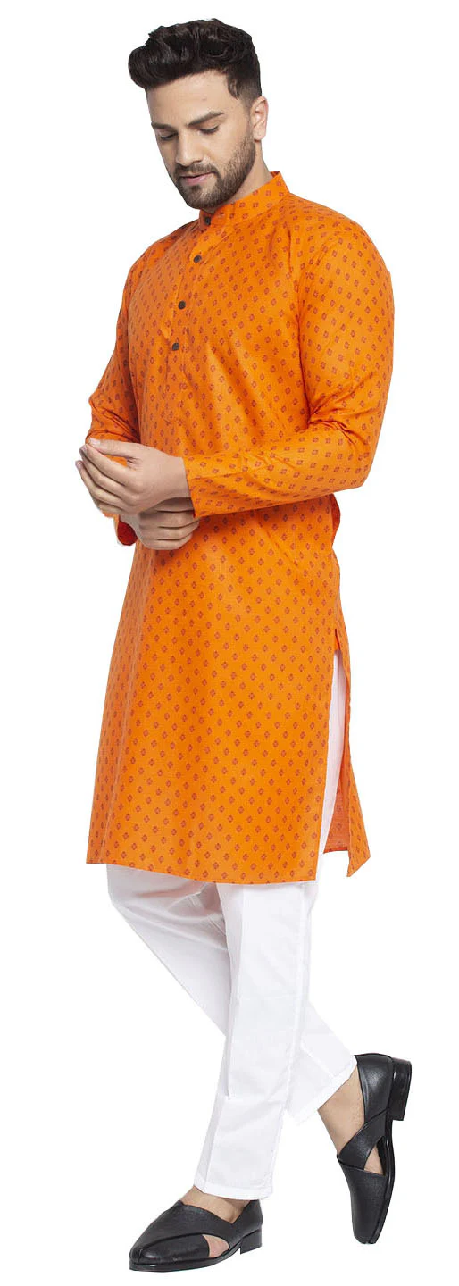 Ethnic Wear Men's Printed Kurta Pajama Cotton Indian (Orange) - Image 2