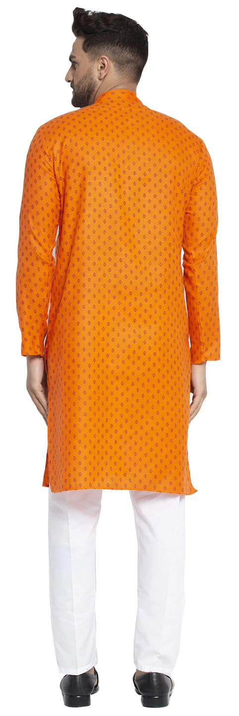 Ethnic Wear Men's Printed Kurta Pajama Cotton Indian (Orange) - Image 3