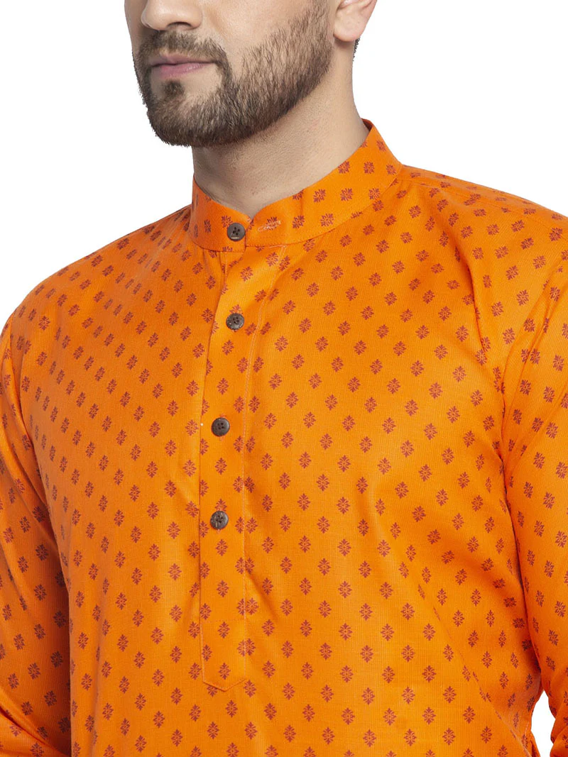 Ethnic Wear Men's Printed Kurta Pajama Cotton Indian (Orange) - Image 4
