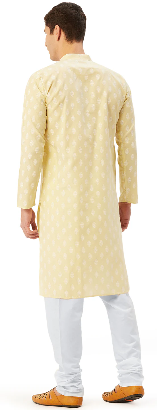 Ethnic Wear Men's Printed Kurta Pyjama Set Cotton Indian (Yellow) - Image 3